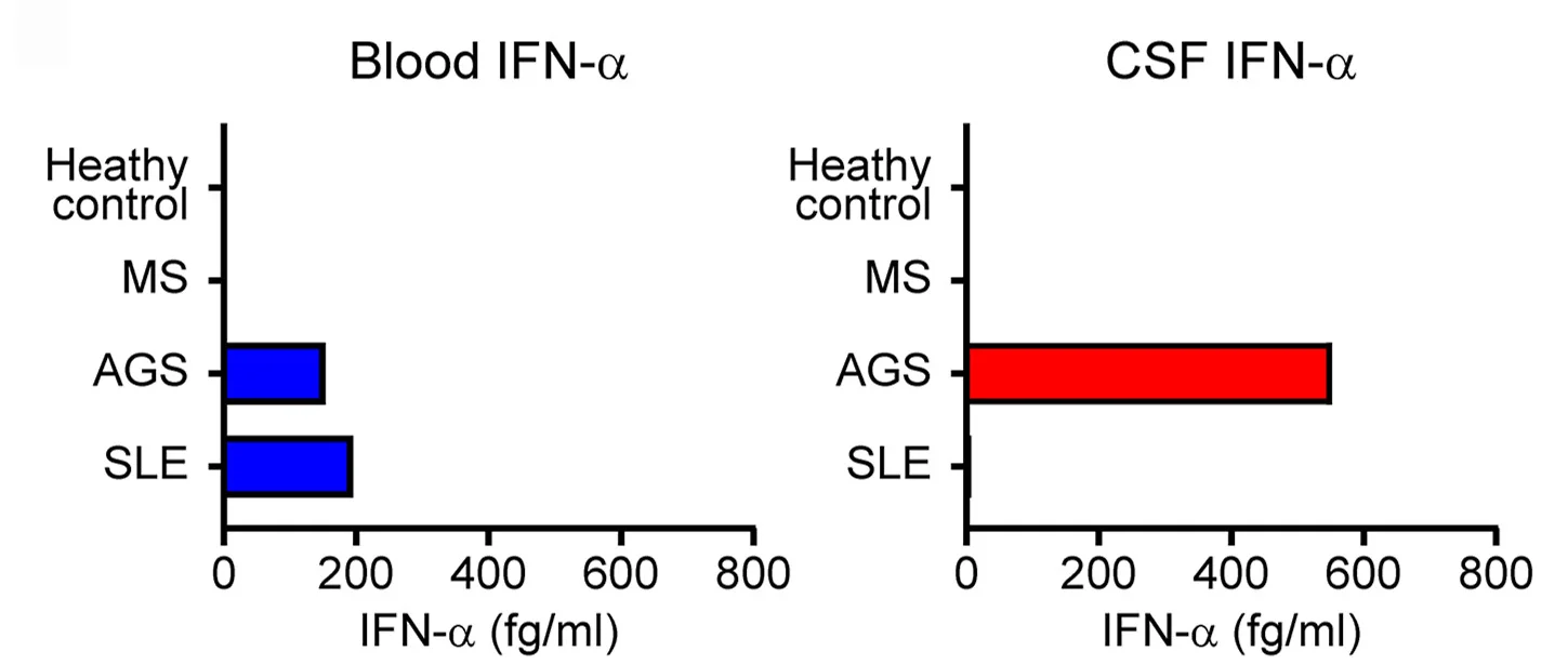 Open access visualization of Bar Plot, IFN-alpha, Blood, CSF, Simoa