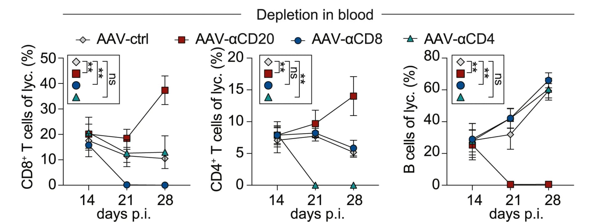 Open access visualization of Line Plot, Error Bars, CD8+ T Cells, CD4+ T Cells, B Cells