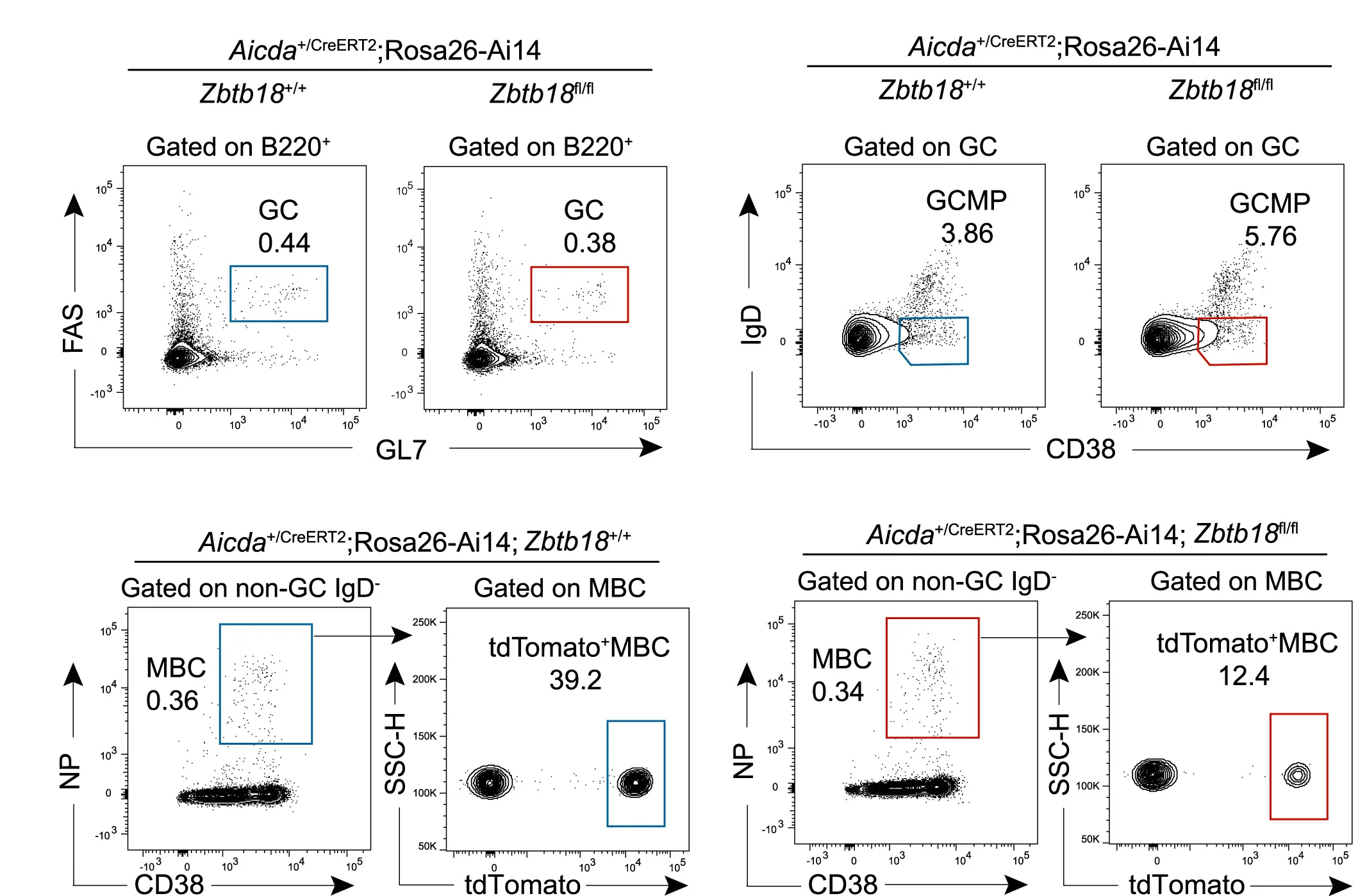 Open access visualization of Scatter Plot, FACS Profiles, Germinal Centers, GCMP Cells, NP-Specific tdTomato+MBCs