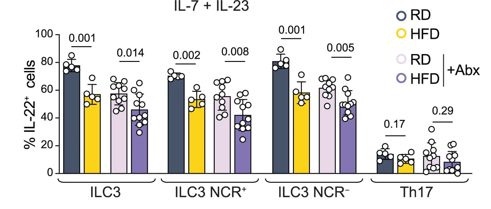 Open access visualization of Bar Plot, Error Bars, IL-22+ Cells, ILC3, NCR+ ILC3