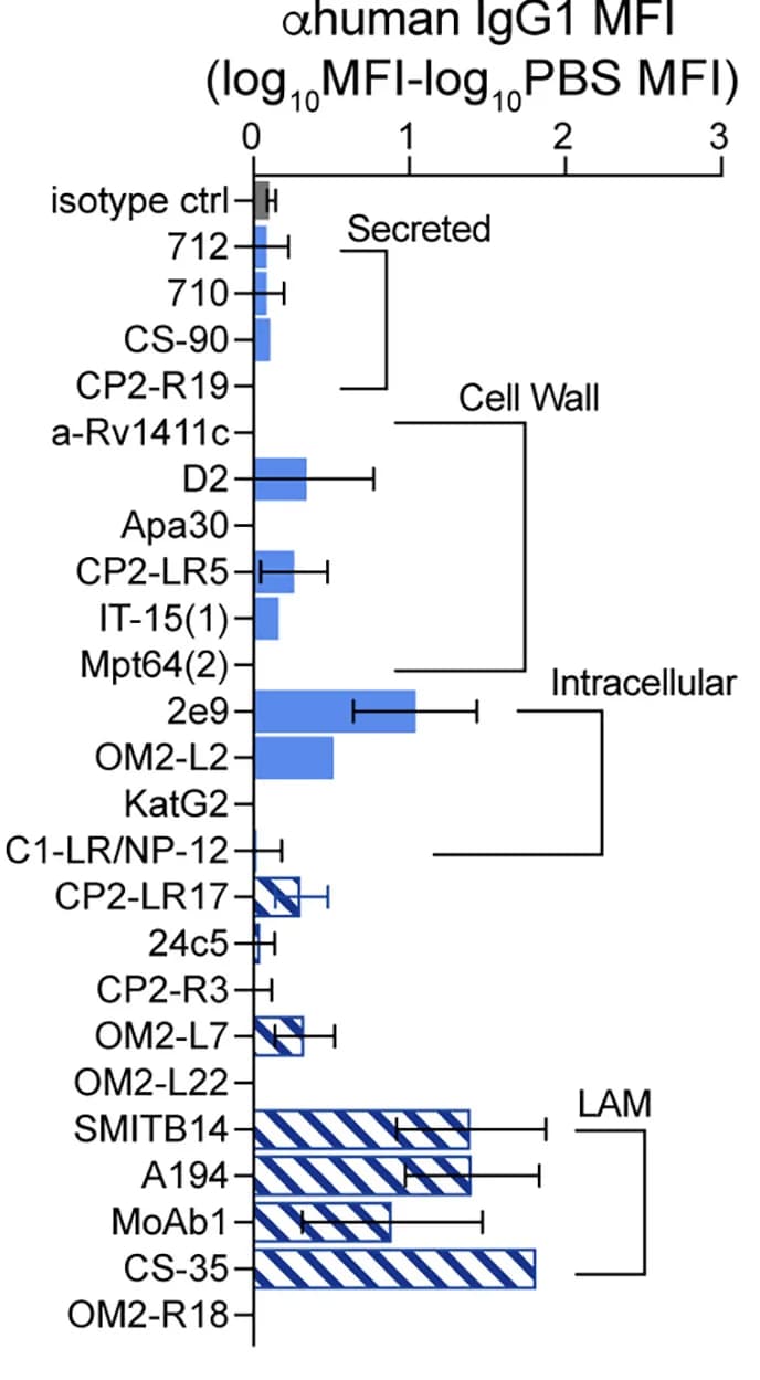 Open access visualization of Bar Plot, Error Bars, hIgG1 MFI, M. tuberculosis, Monoclonal Antibodies