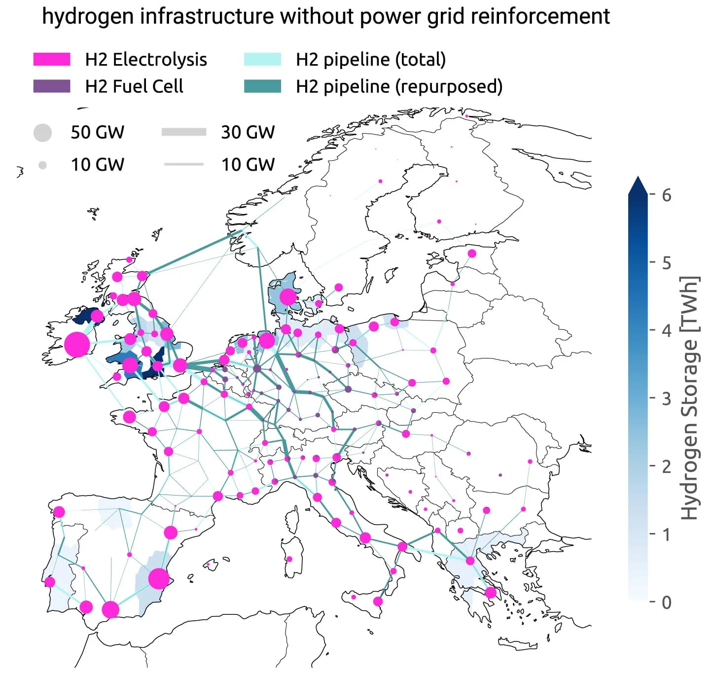 Open access visualization of Geo Map, Hydrogen Network, Hydrogen Storage, Reconversion Sites, Production Sites