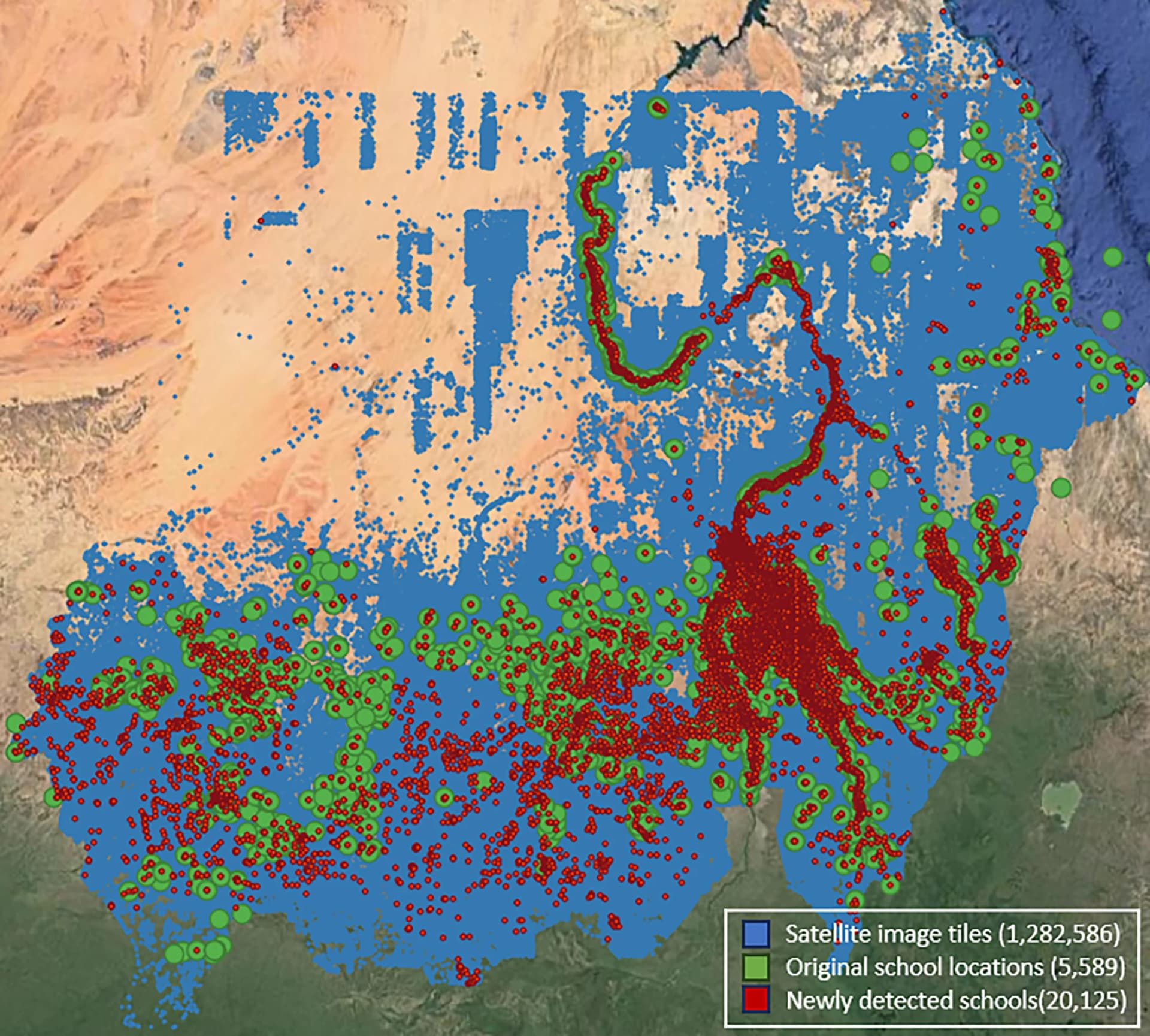 Open access visualization of Geo Map, AI-mapped Schools, School Locations, Sudan