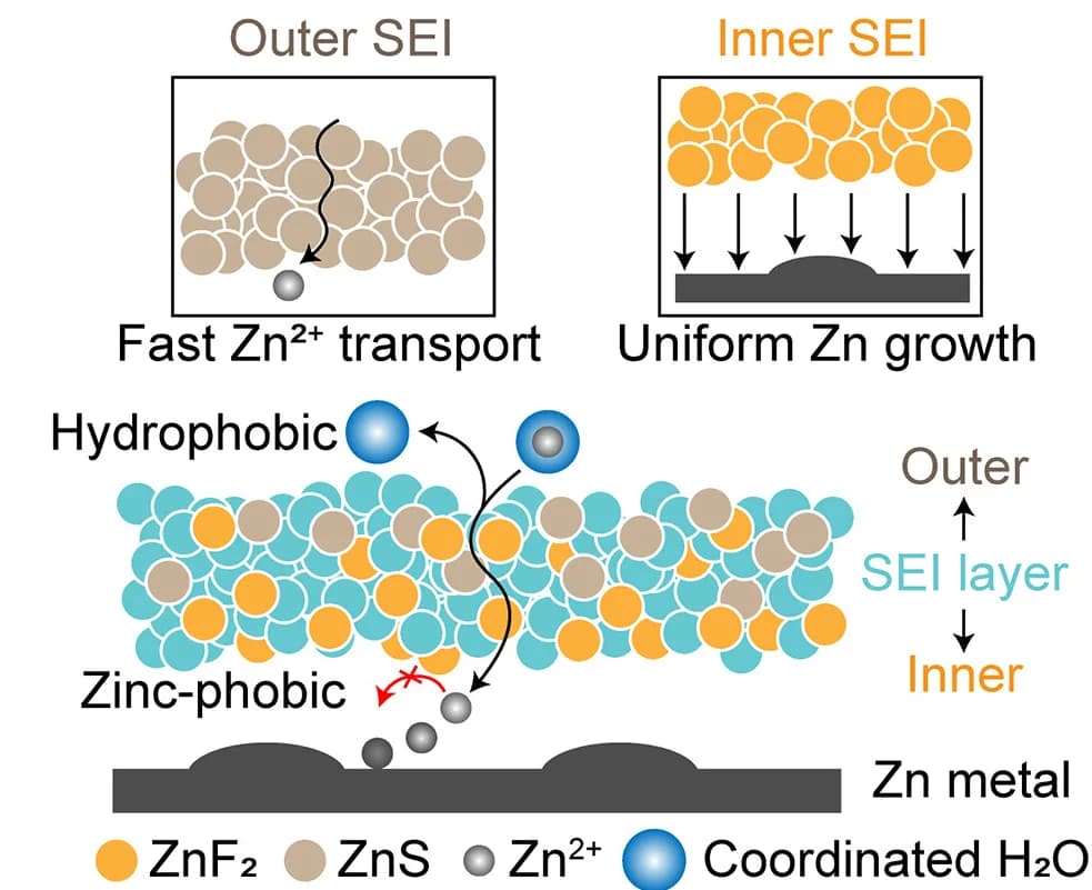 Open access visualization of Workflow, Illustration, ZnF2/ZnS SEI Structure, Zinc Metal, DSFF Electrolyte