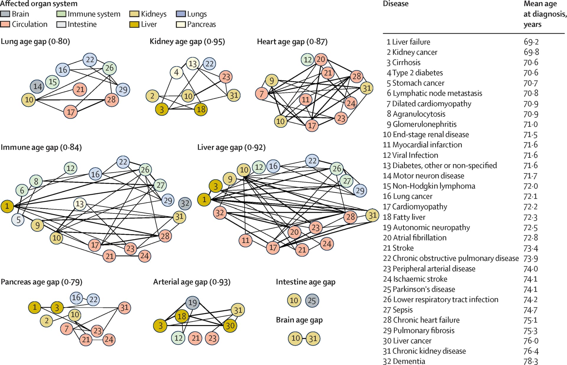 Open access visualization of Network, Clustering Coefficient, Disease Association, Odds Ratio, Aging Organs