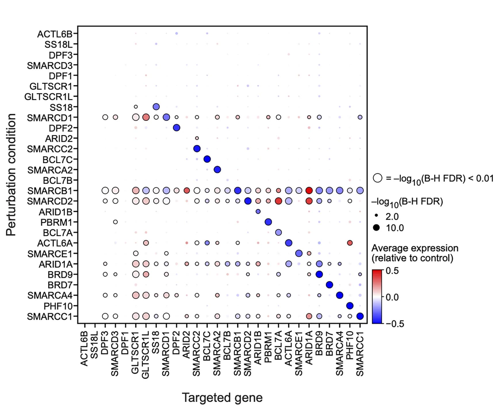 Open access visualization of Bubble Plot, RNA Expression, Control Cells, mSWI/SNF Subunit, Kolmogorov-Smirnov Test