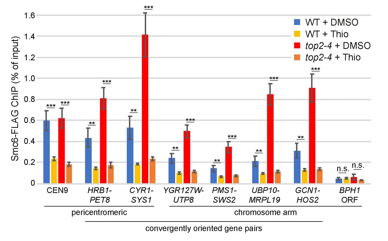 Open access visualization of Bar Plot, Error Bars, Clustered, Smc6-FLAG enrichment, Centromere 9