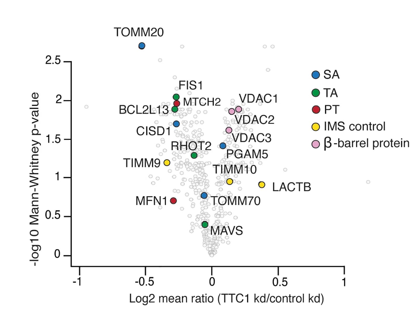 Open access visualization of Volcano Plot, Scatter Plot, TMT Mass Spectrometry, TTC1 Depletion, K562 KOX1 CRISPRi Cells