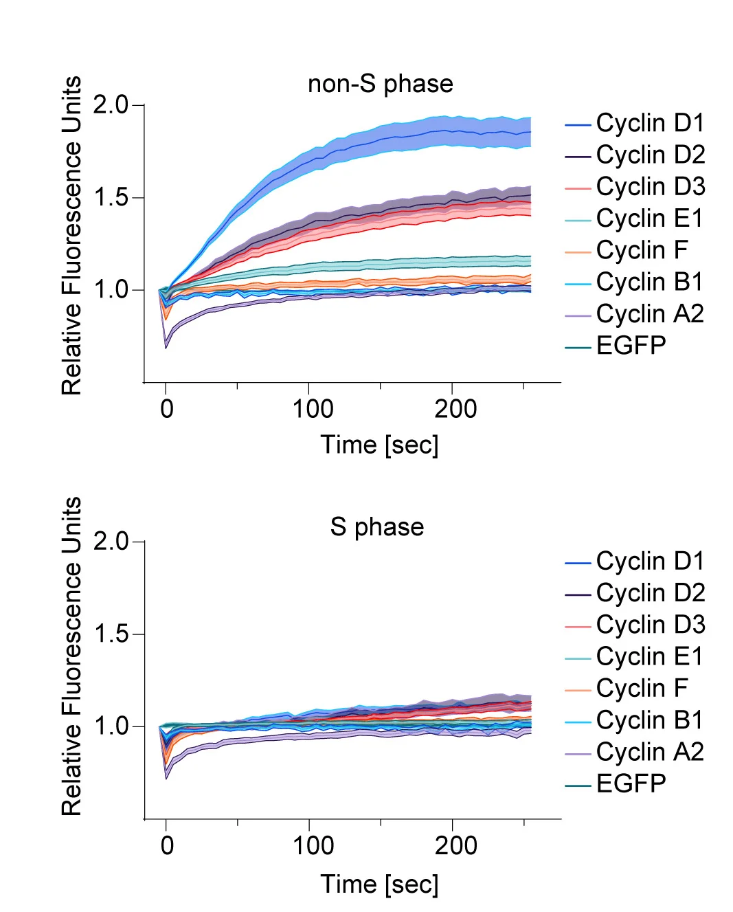 Open access visualization of Line Plot, Error Bars, U-2OS Cells, EGFP-Tagged Cyclins, mPlum-PCNA