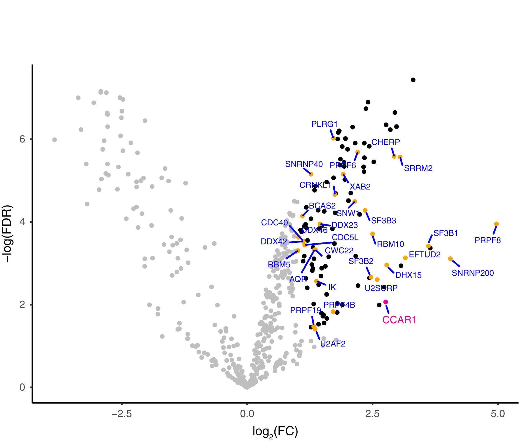 Open access visualization of Volcano Plot, Scatter Plot, CCAR1, Spliceosome, Peptides