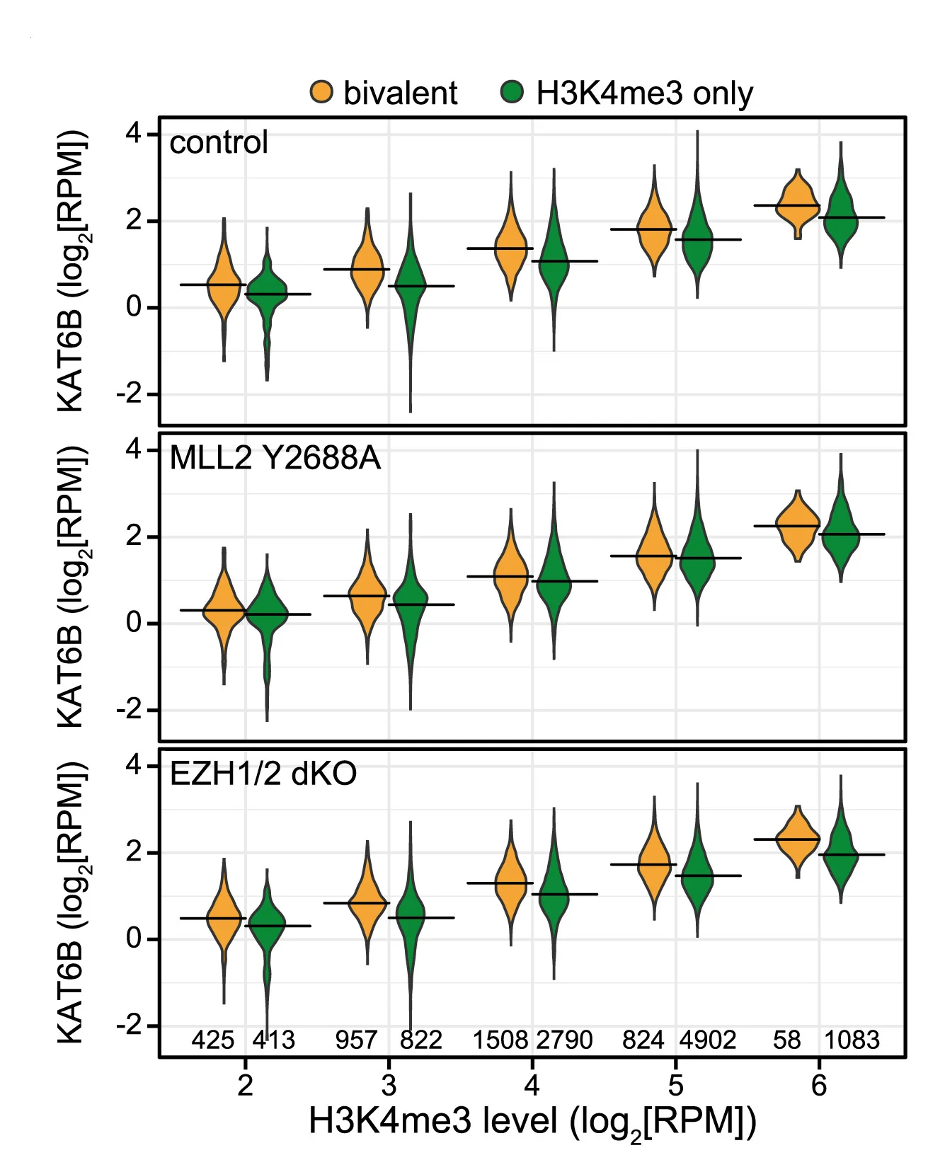 Open access visualization of Violin Plot, ChIP-seq, KAT6B, ESCs, H3K4me3