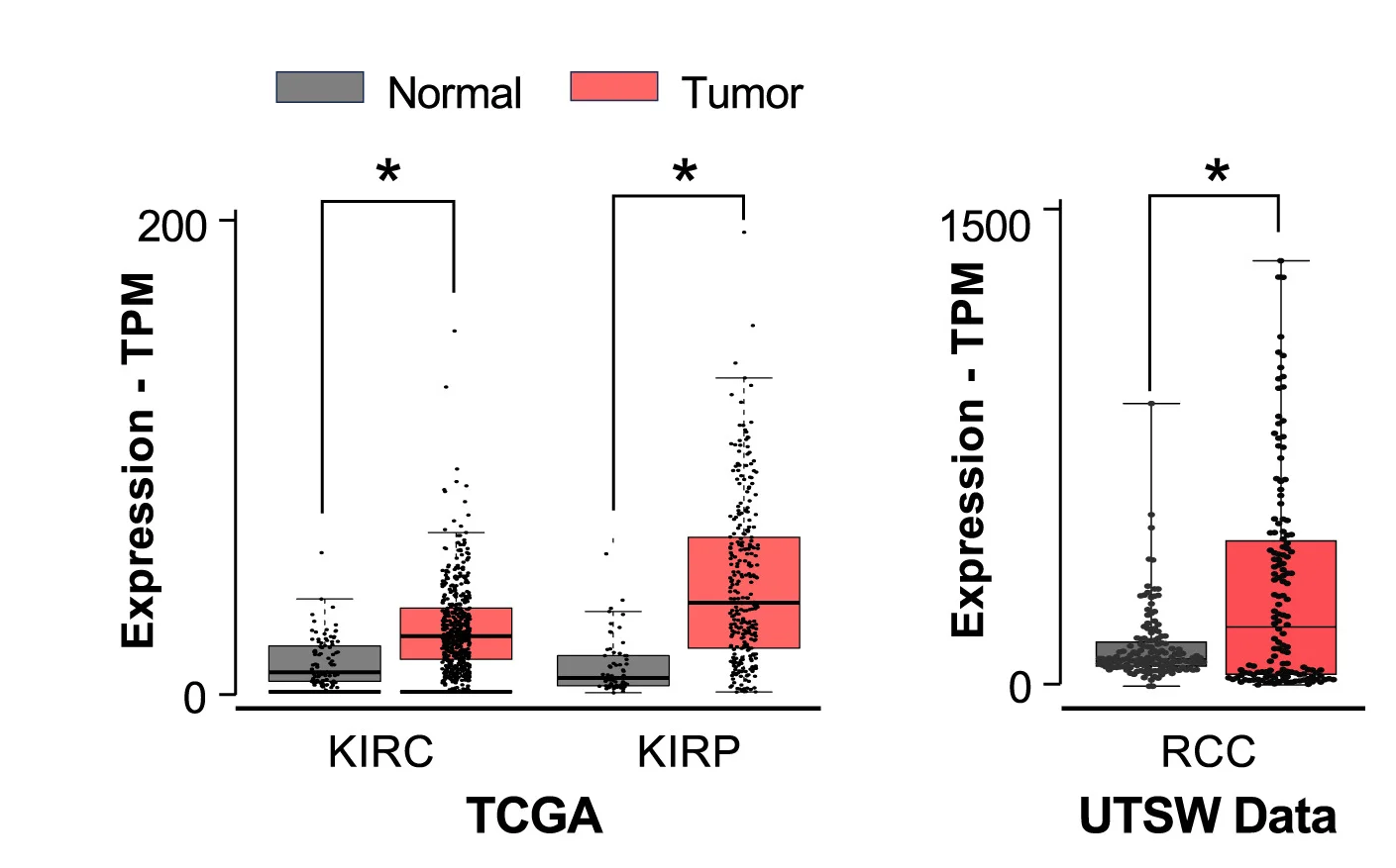 Open access visualization of Box Plot, Scatter Plot, TCGA, UTSW, RNA-Seq Data