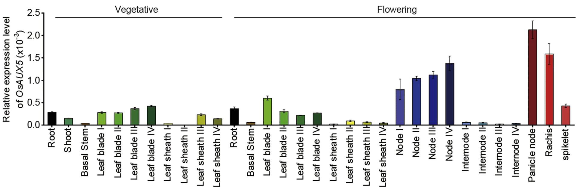 Open access visualization of Bar Plot, Error Bars, OsAUX5, Gene Expression, Rice