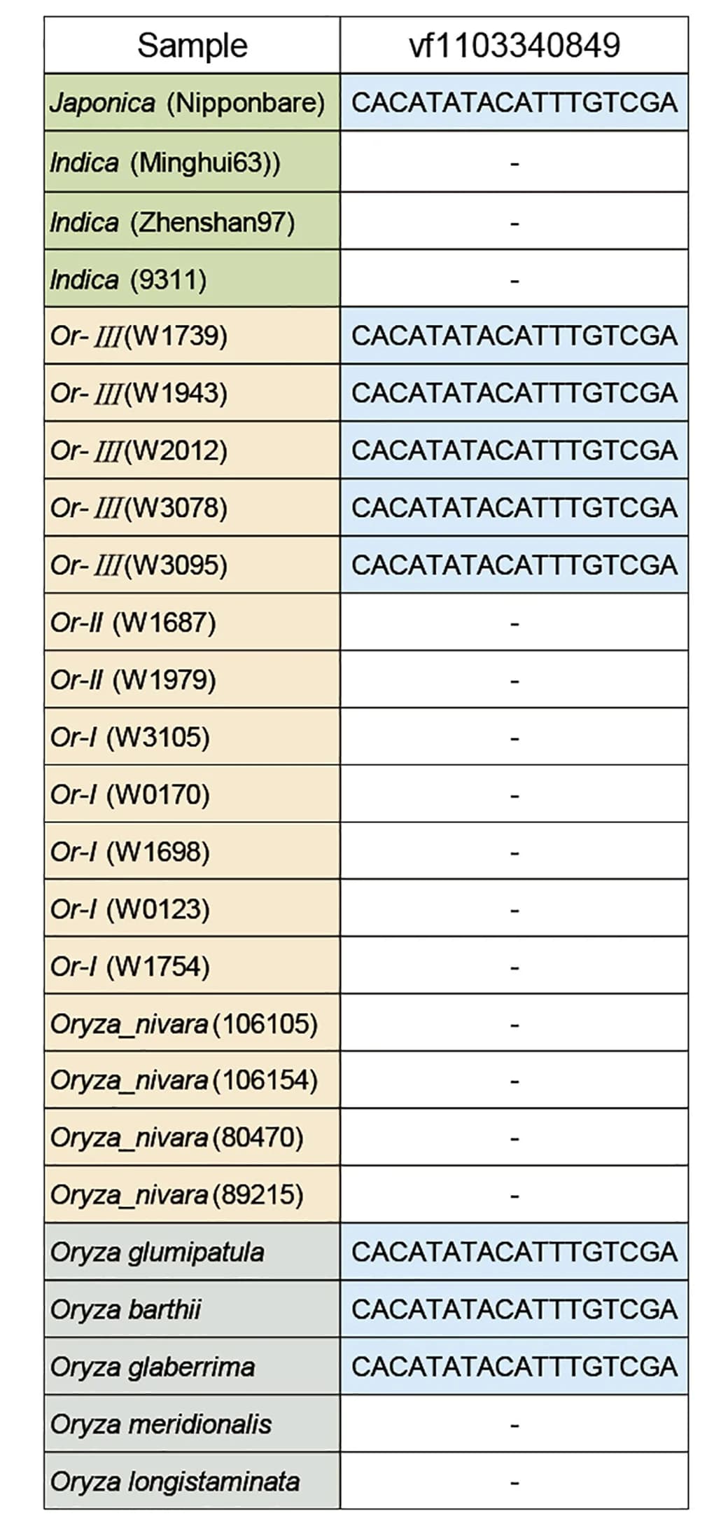 Open access visualization of Table Image, DNA sequence alignments, Nucleotide sequences, Cultivated rice, Wild rice