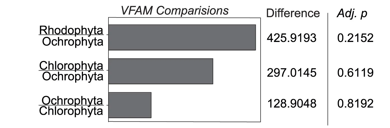Open access visualization of Bar Plot, VFAMs, Macroalgal Genomes, Rhodophyta, Ochrophyta
