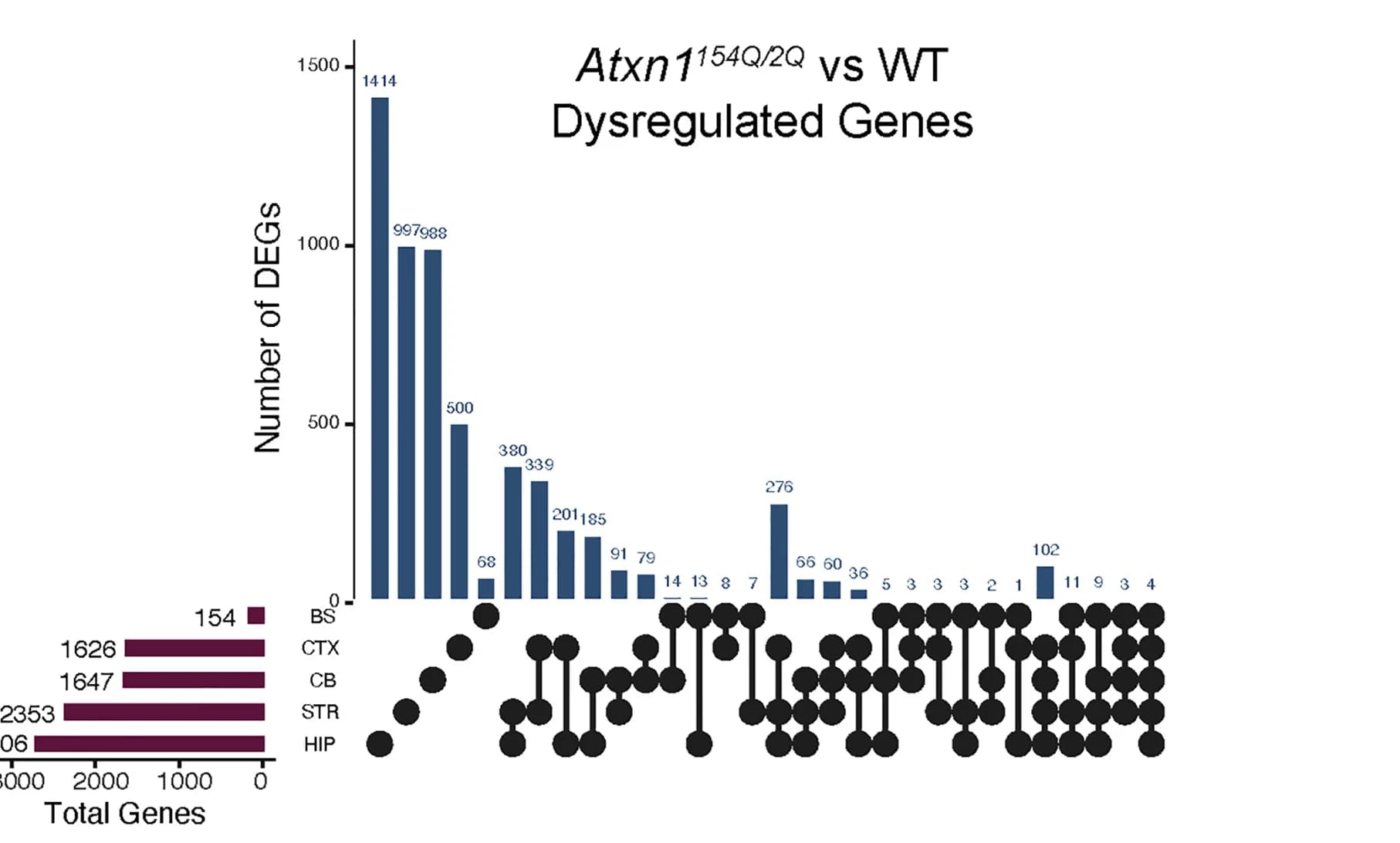 Open access visualization of Bar Plot, UpSet, UpSet Plot, Dysregulated Genes, Brain Region