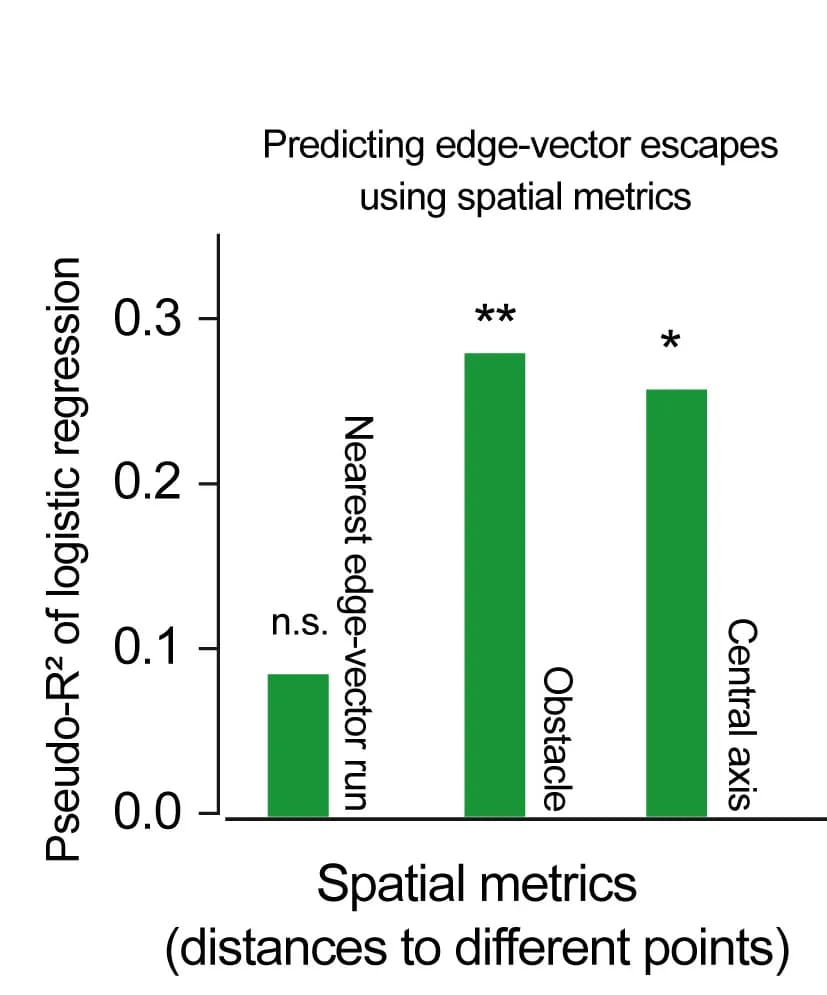 Open access visualization of Bar Plot, McFadden’s pseudo-R2, Edge-vector Escapes, Spatial Metrics, Mouse Behavior