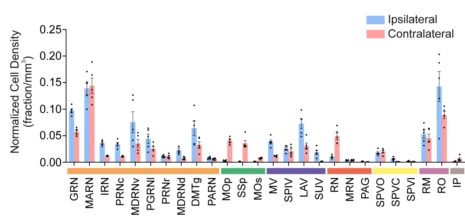 Open access visualization of Bar Plot, Error Bars, Clustered, Cell Densities, Supraspinal Neurons