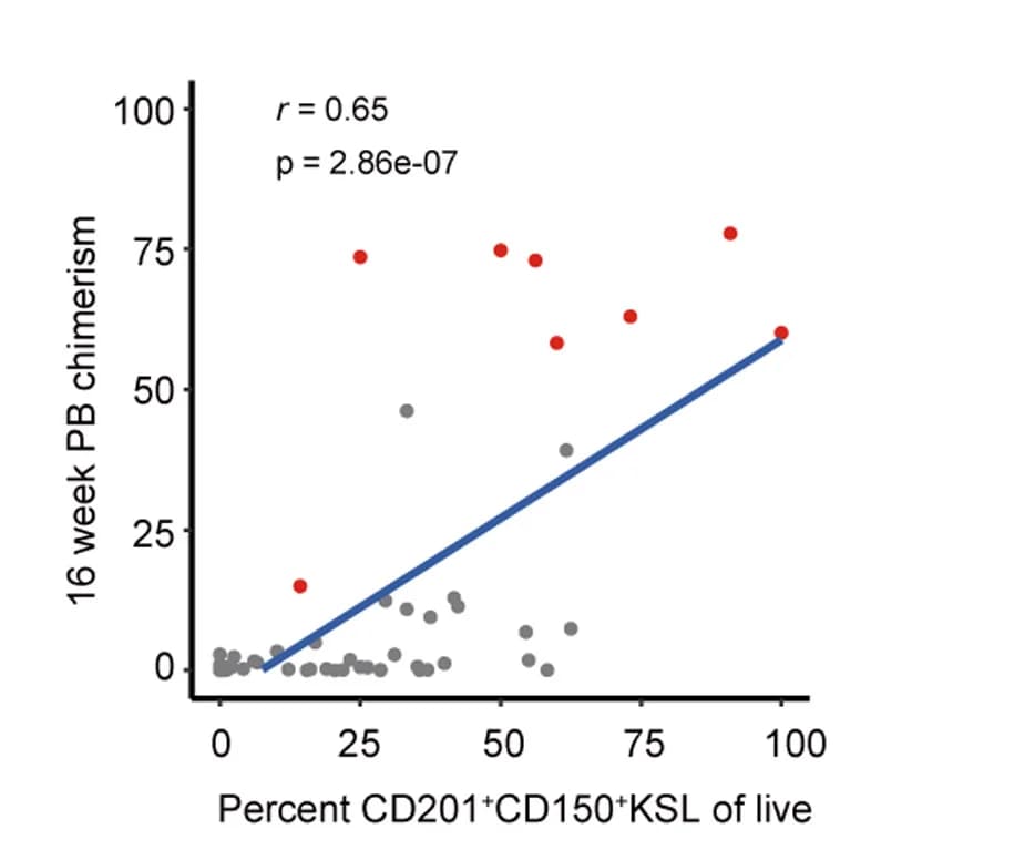 Open access visualization of Scatter Plot, Regression Plot, CD201+CD150+KSL Cell Frequency, Donor Chimerism, Repopulating Clones