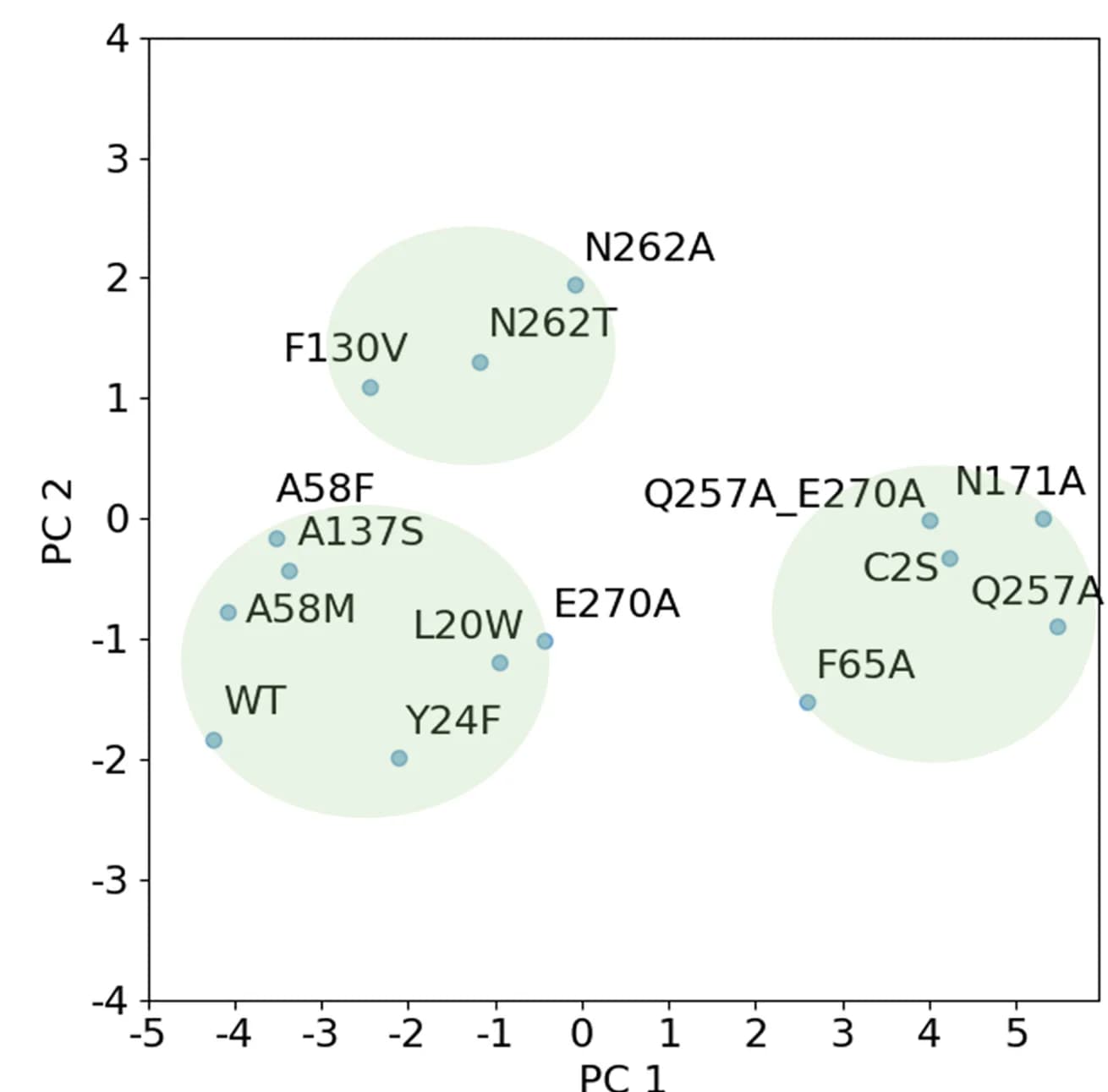 Open access visualization of Scatter Plot, PCA, Principal Component Analysis, Enzyme Activity, Mutants