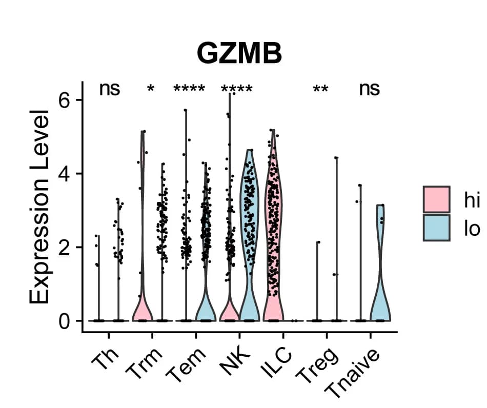 Open access visualization of Violin Plot, Scatter Plot, GZMB Expression, T Cell Subpopulations, TLS-High Tumors