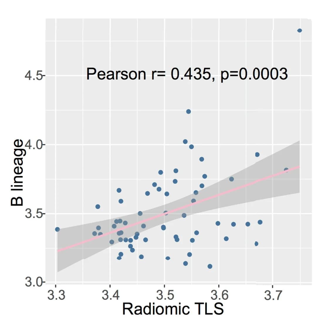 Open access visualization of Scatter Plot, Regression Plot, Radiomic TLS Score, B Cells, TCGA Cohort
