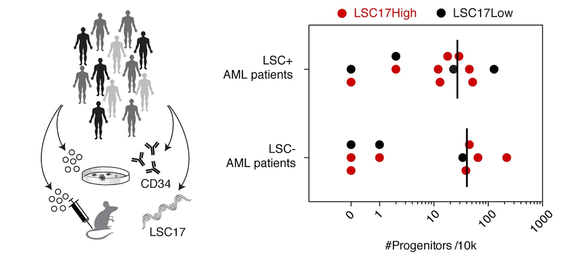 Open access visualization of Scatter Plot, Error Bars, Engraftment, Progenitor Frequency, LSC17 Score