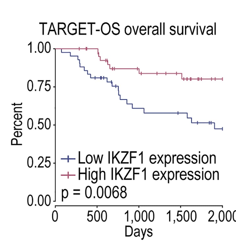 Open access visualization of Survival Curve, Line Step, TARGET-OS, TCGA-SARC, IKZF1 Expression