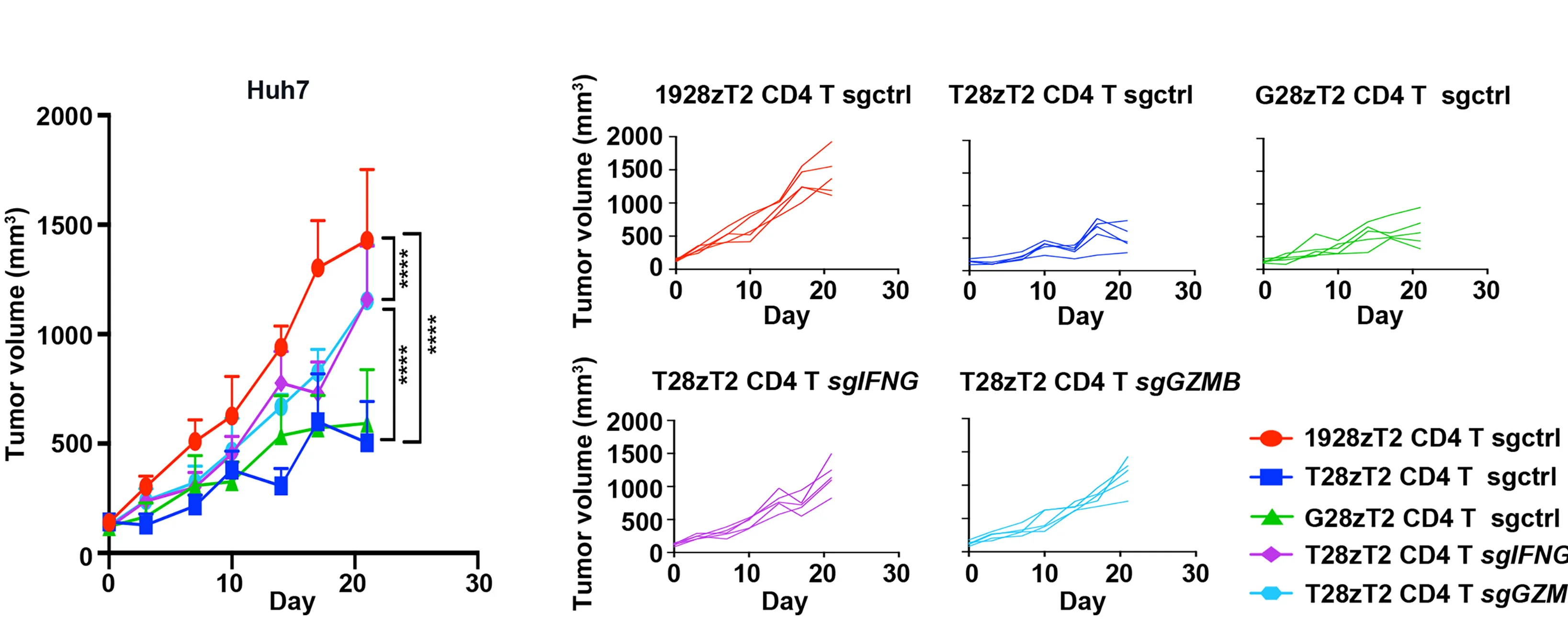 Open access visualization of Line Plot, Error Bars, Huh7 Tumors, NSI Mice, T28zT2 CD4 sgctrl