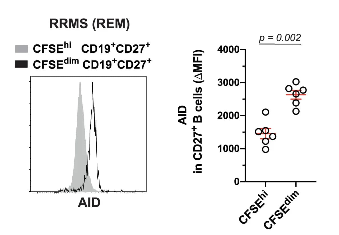Open access visualization of Density Plot, Scatter Plot, Intracellular AID Expression, CFSEhi Memory B Cells, CFSEdim Memory B Cells
