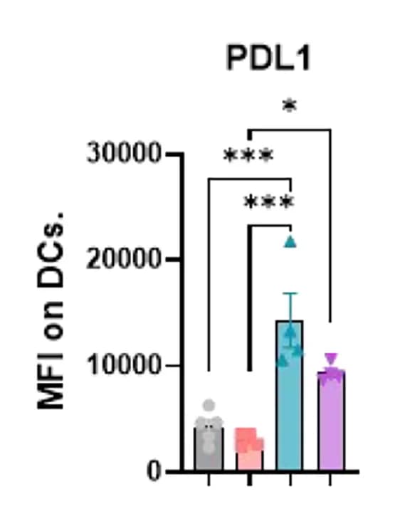 Open access visualization of Bar Plot, Error Bars, Mean Fluorescence Intensity, PDL1, Tumor Dendritic Cells
