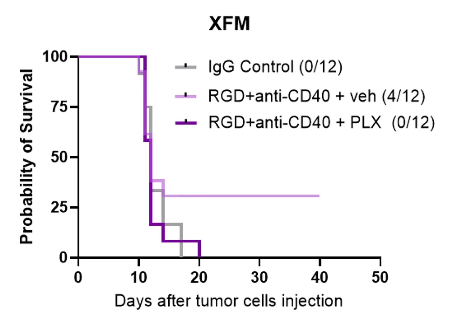 Open access visualization of Survival Curve, Survival Curves, XFM-bearing Mice, Combination Therapy, CSF1R Inhibitor
