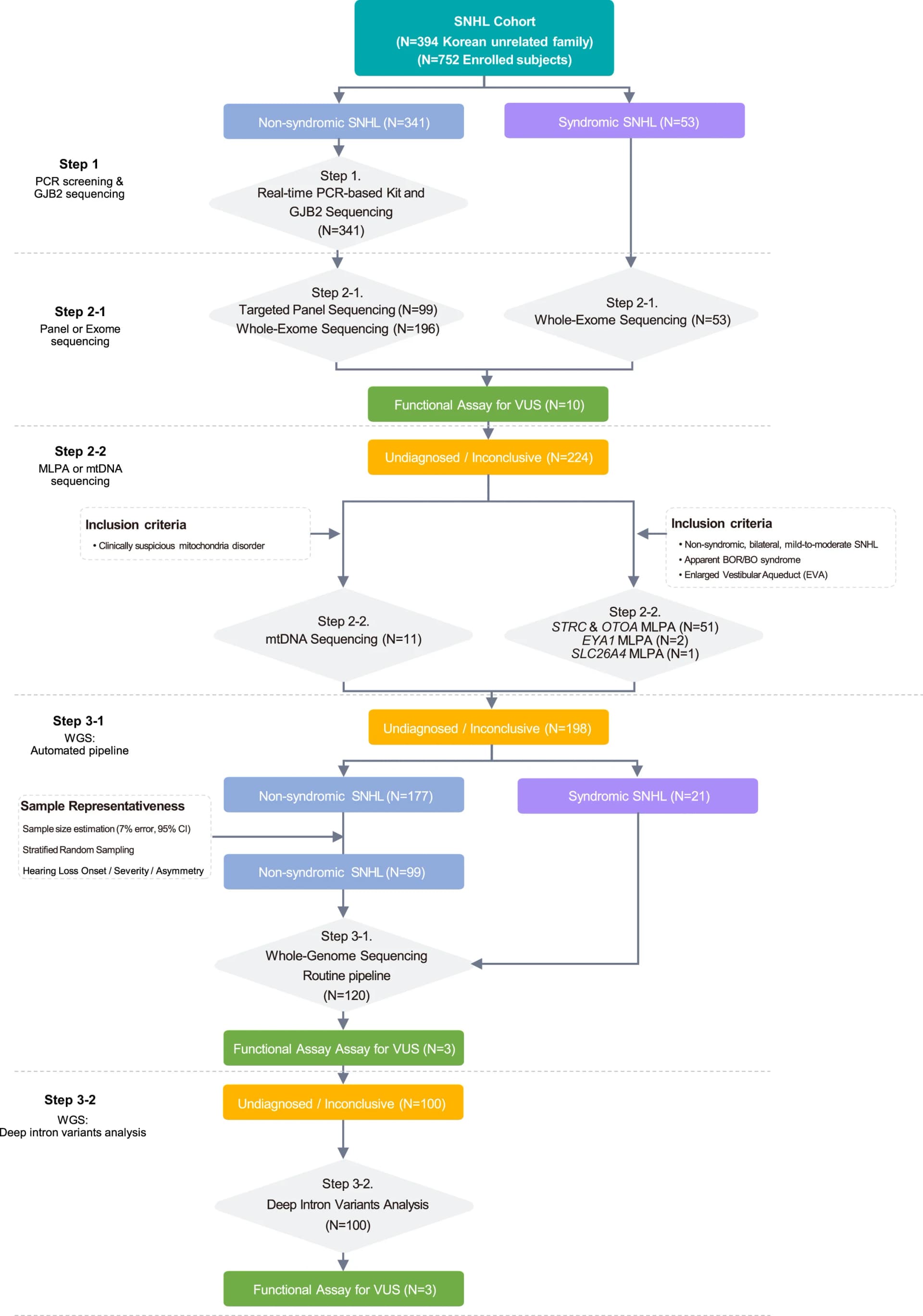 Open access visualization of Workflow, Flowchart, SNHL Families, Individuals, Probands