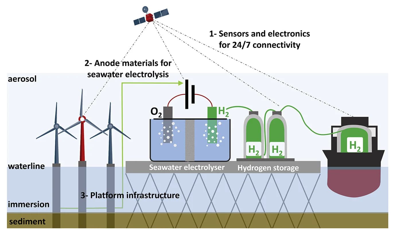 Open access visualization of Illustration, Workflow, Offshore Wind Farm, Hydrogen Production, Material Challenges