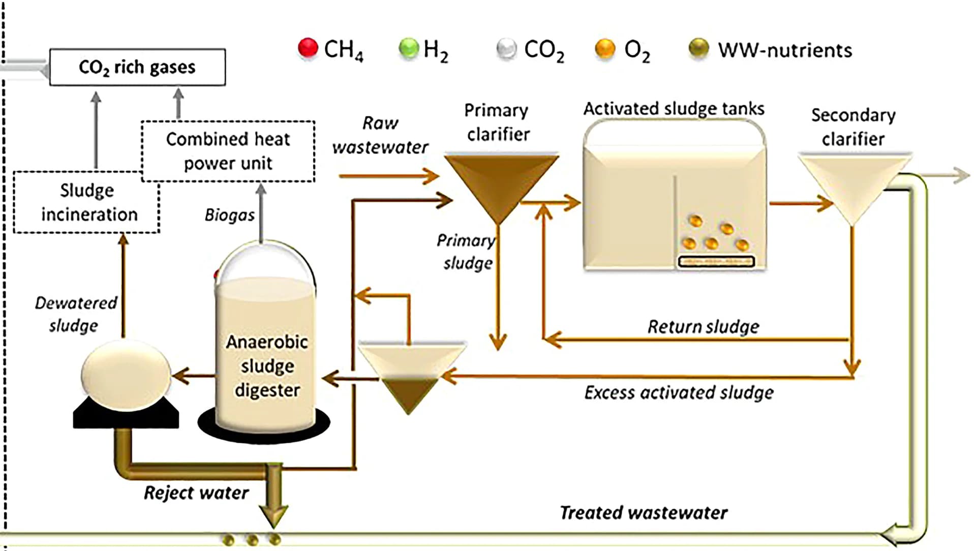 Open access visualization of Workflow, Flowchart, Illustration, Activated Sludge Plant, Electrochemical-Biomethanogenic System