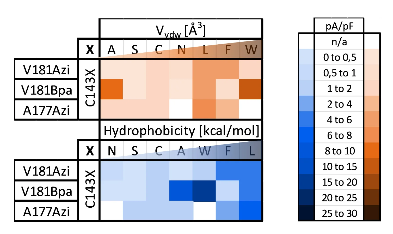 Open access visualization of Heatmap, Orai1 Double Mutants, Current-Density, Hydrophobicity, Substitution
