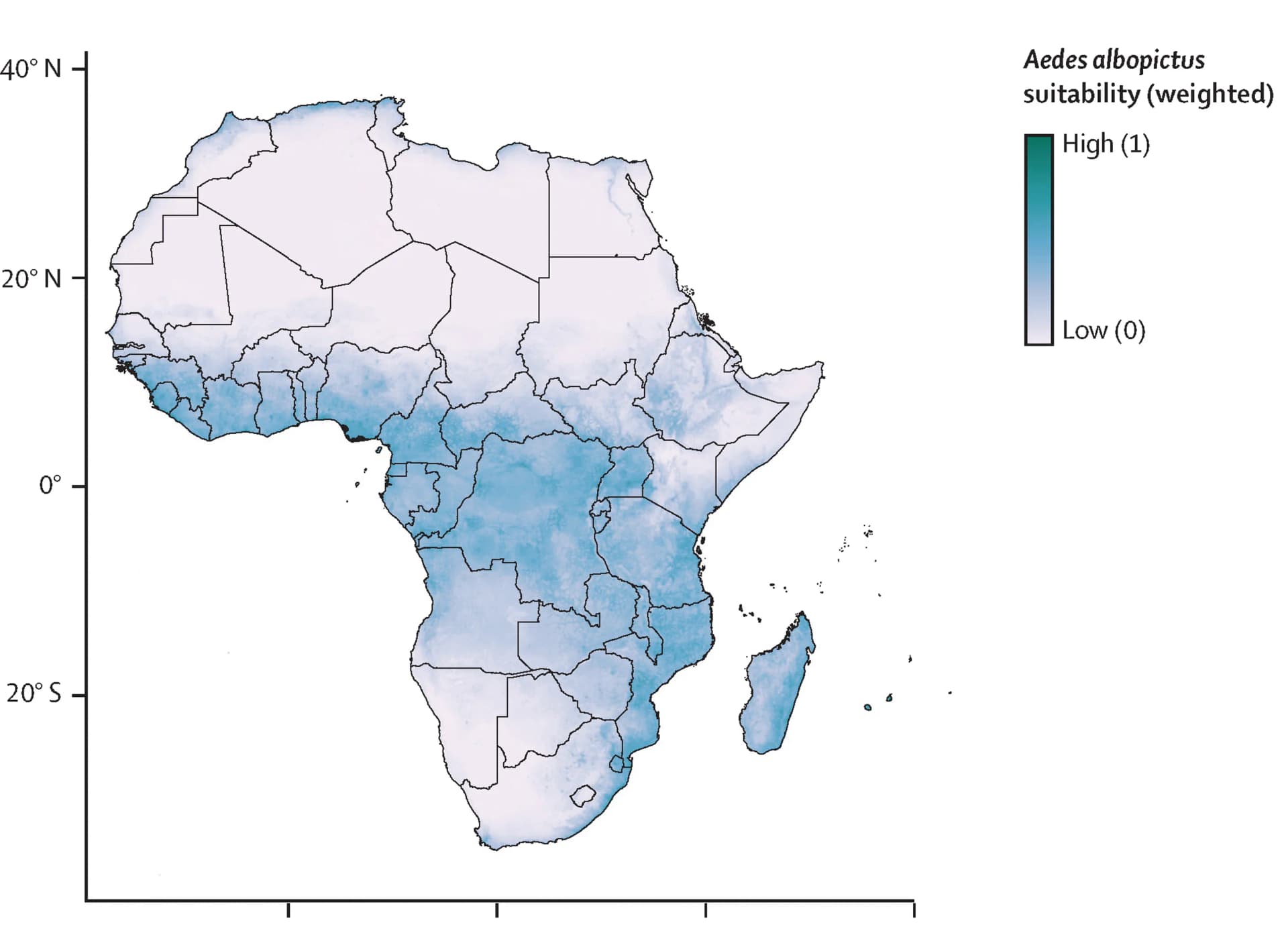 Open access visualization of Geo Map, Environmental Suitability, Aedes albopictus, Africa, Niche Mapping