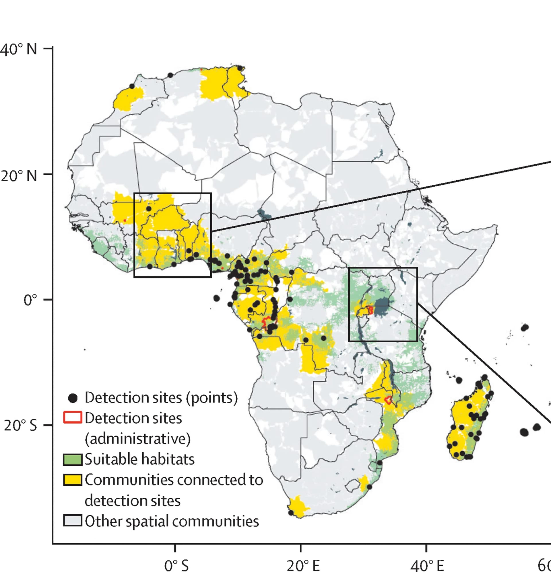 Open access visualization of Geo Map, Spatial Communities, Road Networks, Aedes albopictus, Habitat Suitability
