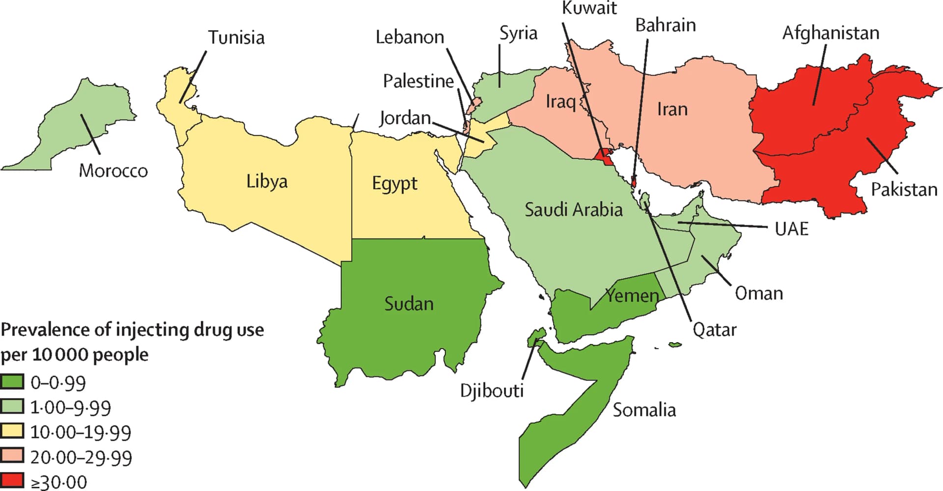 Open access visualization of Geo Map, Injecting Drug Use, Prevalence, Eastern Mediterranean Region, Drug Use
