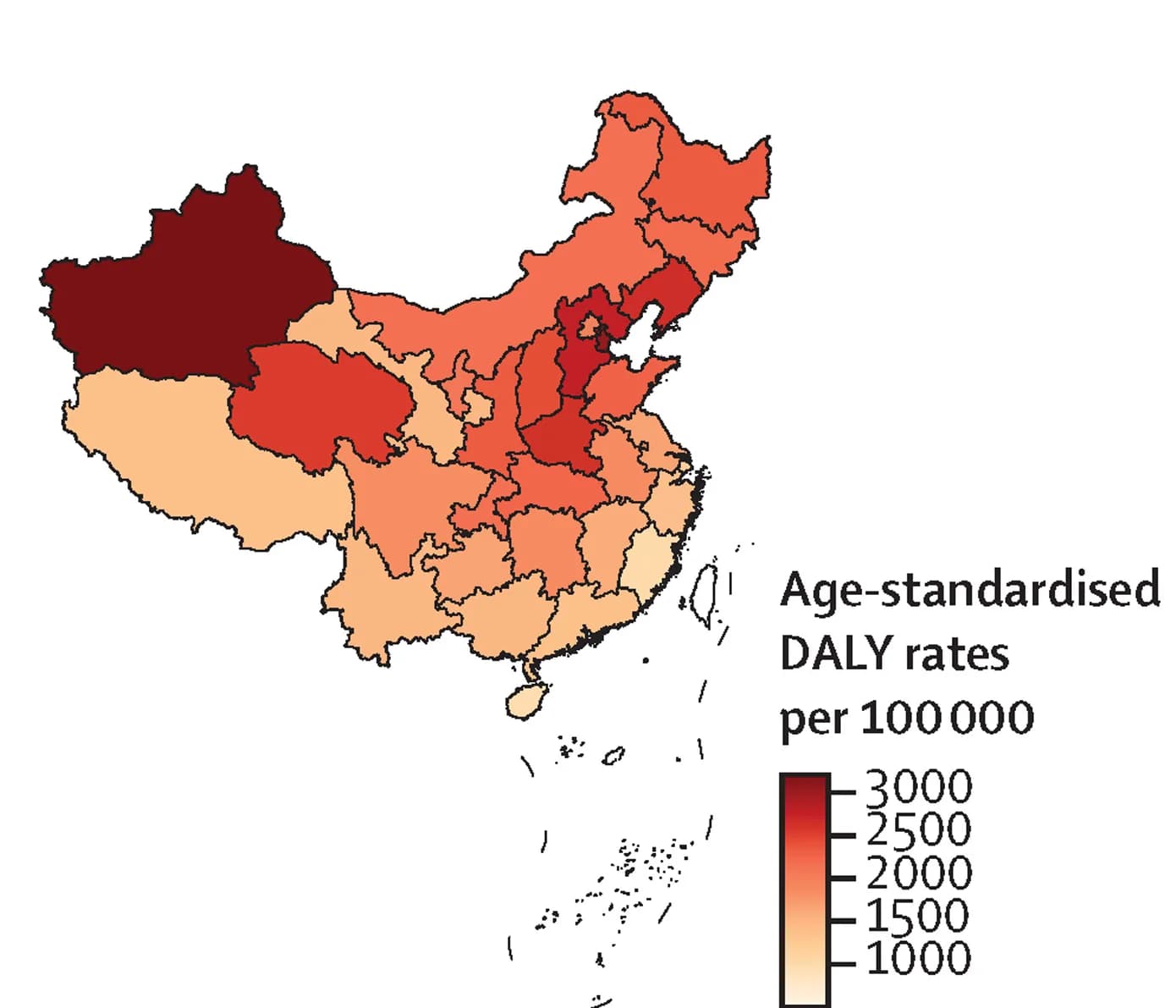 Open access visualization of Geo Map, Age-Standardised DALY Rates, Ambient Particulate Matter, Air Pollution
