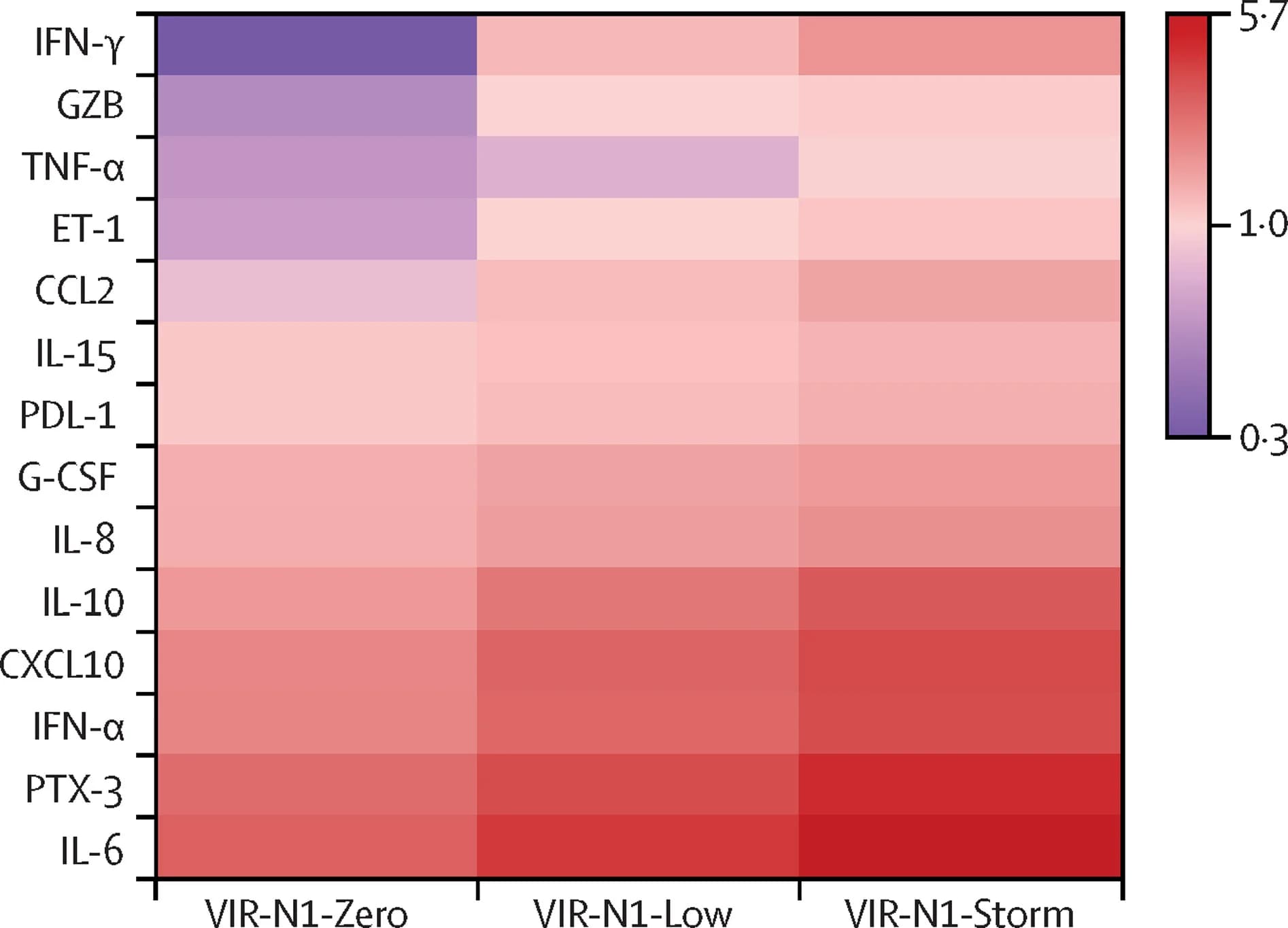 Open access visualization of Heatmap, SARS-CoV-2 Nucleocapsid Region, Interferon, Granzyme B, Tumour Necrosis Factor