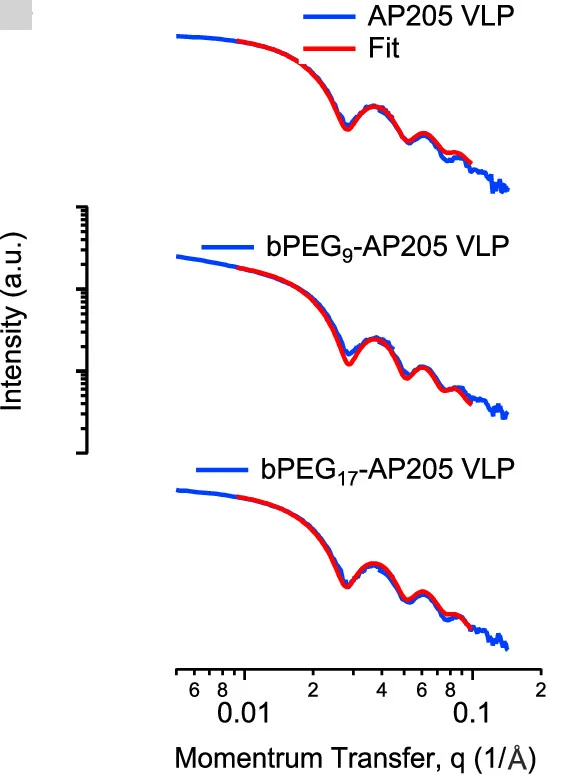 Open access visualization of Line Plot, SAXS, AP205 VLPs, bPEG9-AP205 VLPs, bPEG17-AP205 VLPs