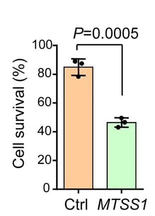 Open access visualization of Bar Plot, Error Bars, H1975 Cells, MTSS1 Overexpression, Activated Human T Cells