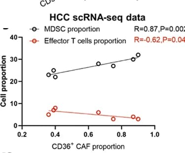 Open access visualization of Scatter Plot, Regression Plot, Correlation, CD36+ CAFs, MDSCs