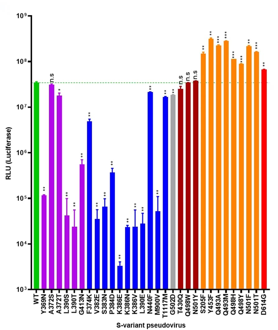 Open access visualization of Bar Plot, Error Bars, S Variant Pseudoviruses, RLU Signal, Reference Strain