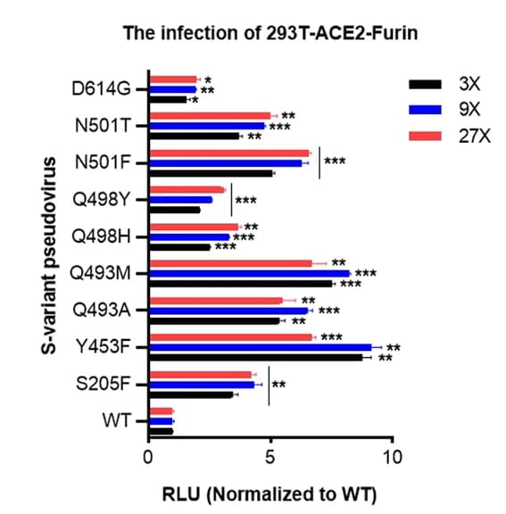 Open access visualization of Bar Plot, Error Bars, S Variant Pseudoviruses, Infectivity, 293T-ACE2-Furin Cell Line