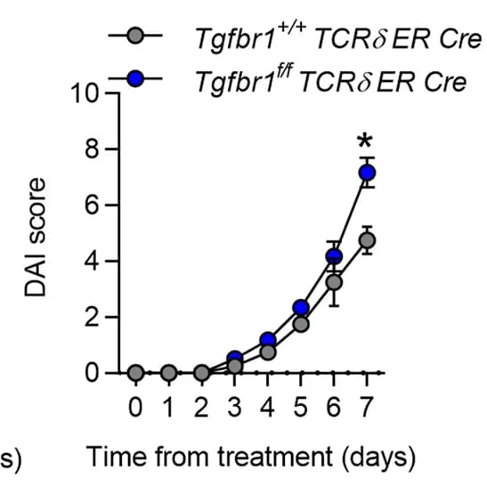 Open access visualization of Line Plot, Error Bars, DAI, Tgfbr1 f/f TCRδ ER Cre Mice, Tgfbr1 +/+ TCRδ ER Cre Mice