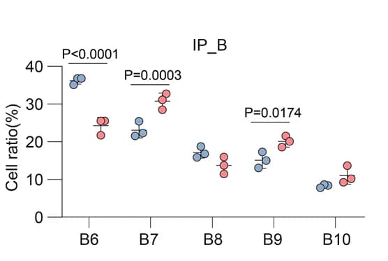 Open access visualization of Scatter Plot, Error Bars, IP_B Cell Clusters, Percentages, Mean