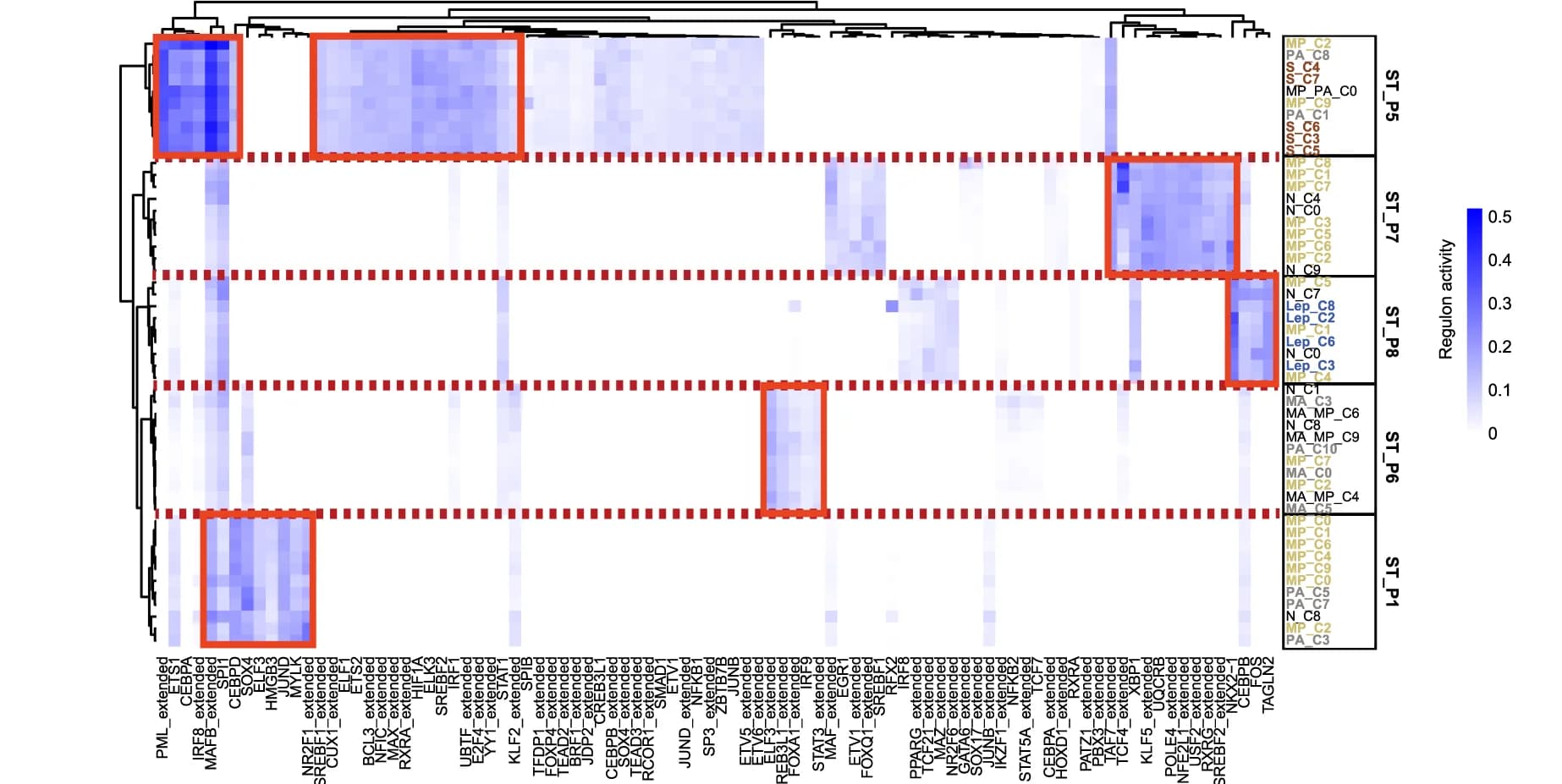 Open access visualization of Heatmap, Clustered, Regulons, Hierarchical Clustering, Motif Similarity