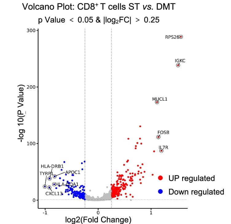 Open access visualization of Volcano Plot, Volcano Plots, Differentially Expressed Genes, CD8+ T Cells, ST Group